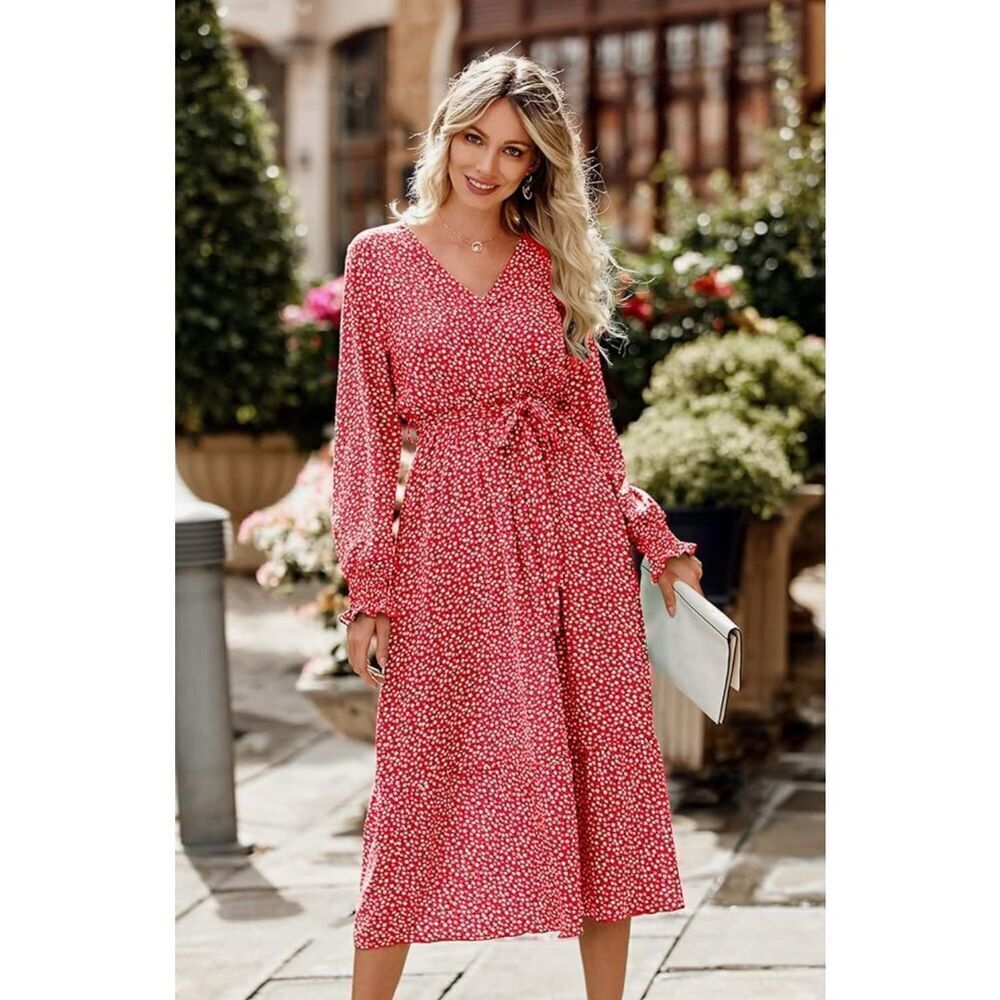 NEW Floral Long Sleeve Wrap V Neck Ruffle Belted A-Line Maxi Dress 2x